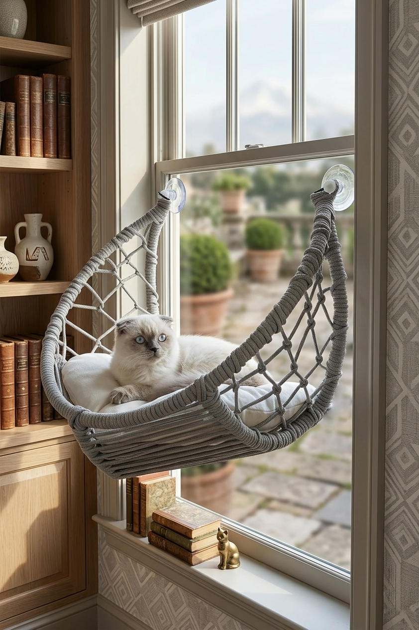 Basir – Hand-Woven Cat Window Perch in Grey