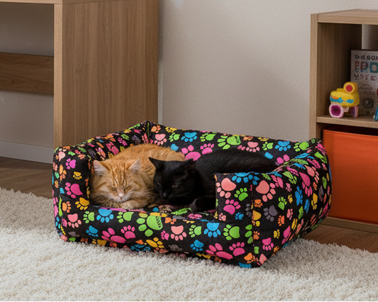 Buntes Hundebett & Katzenbett mit Pfotenmuster – weiches Haustierbett für kleine Hunde und Katzen | 50 × 45 × 22 cm