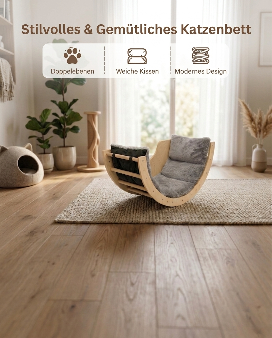 Sabur Wooden Cat Lounger – Half-Moon Cat Bed with Plush Cushion, Designer Cat Furniture for Homes