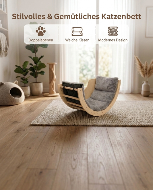 Sabur Katzenliege aus Holz – Halbmond Katzenbett mit Plüschkissen, Designer Katzenmöbel für Wohnung