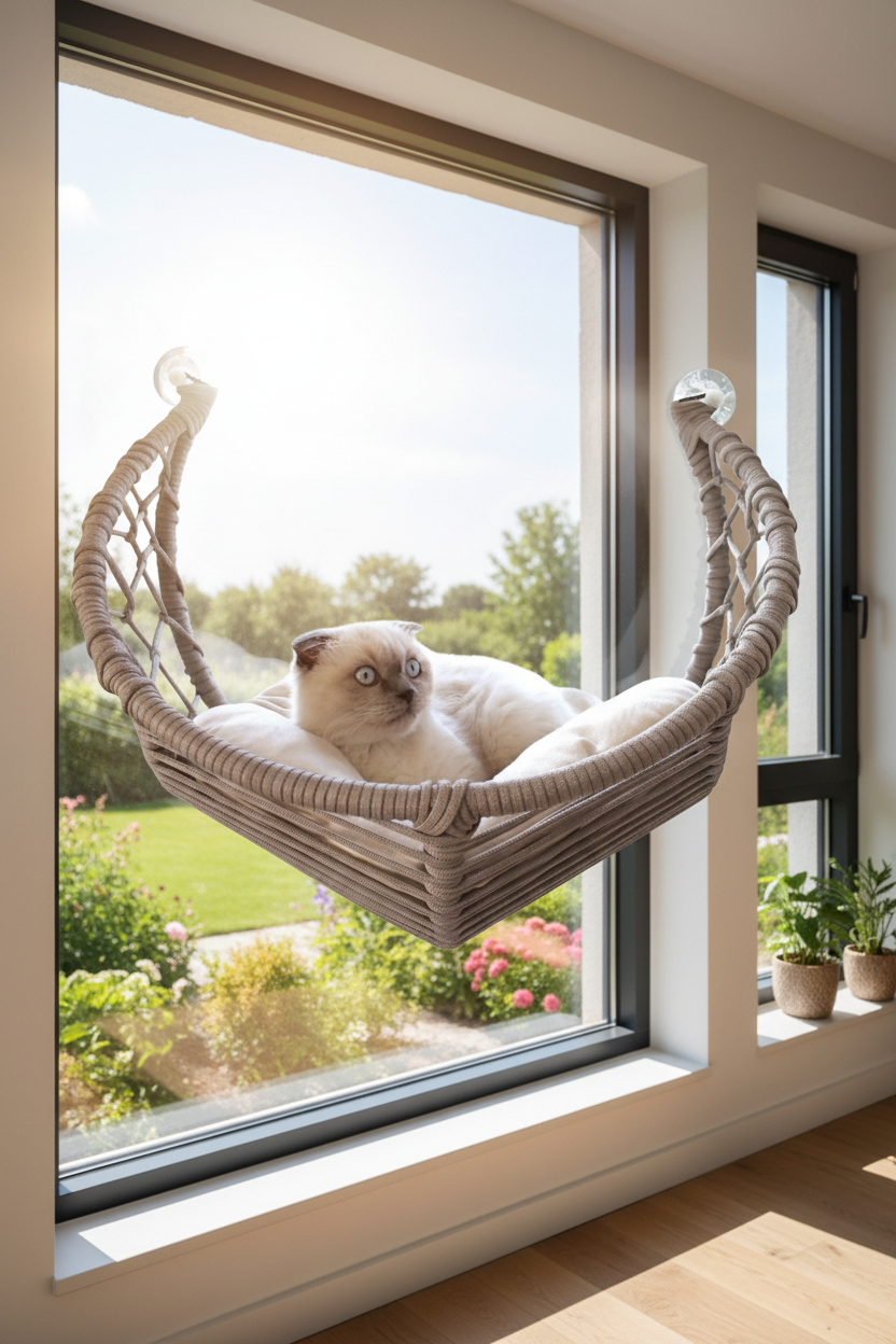 Basir – Hand-Woven Cat Window Perch in Grey