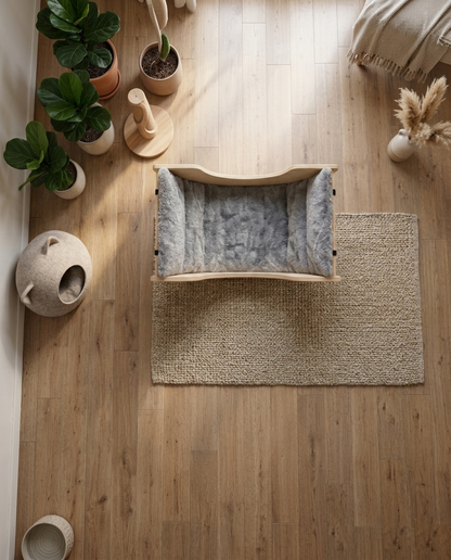 Sabur Wooden Cat Lounger – Half-Moon Cat Bed with Plush Cushion, Designer Cat Furniture for Homes
