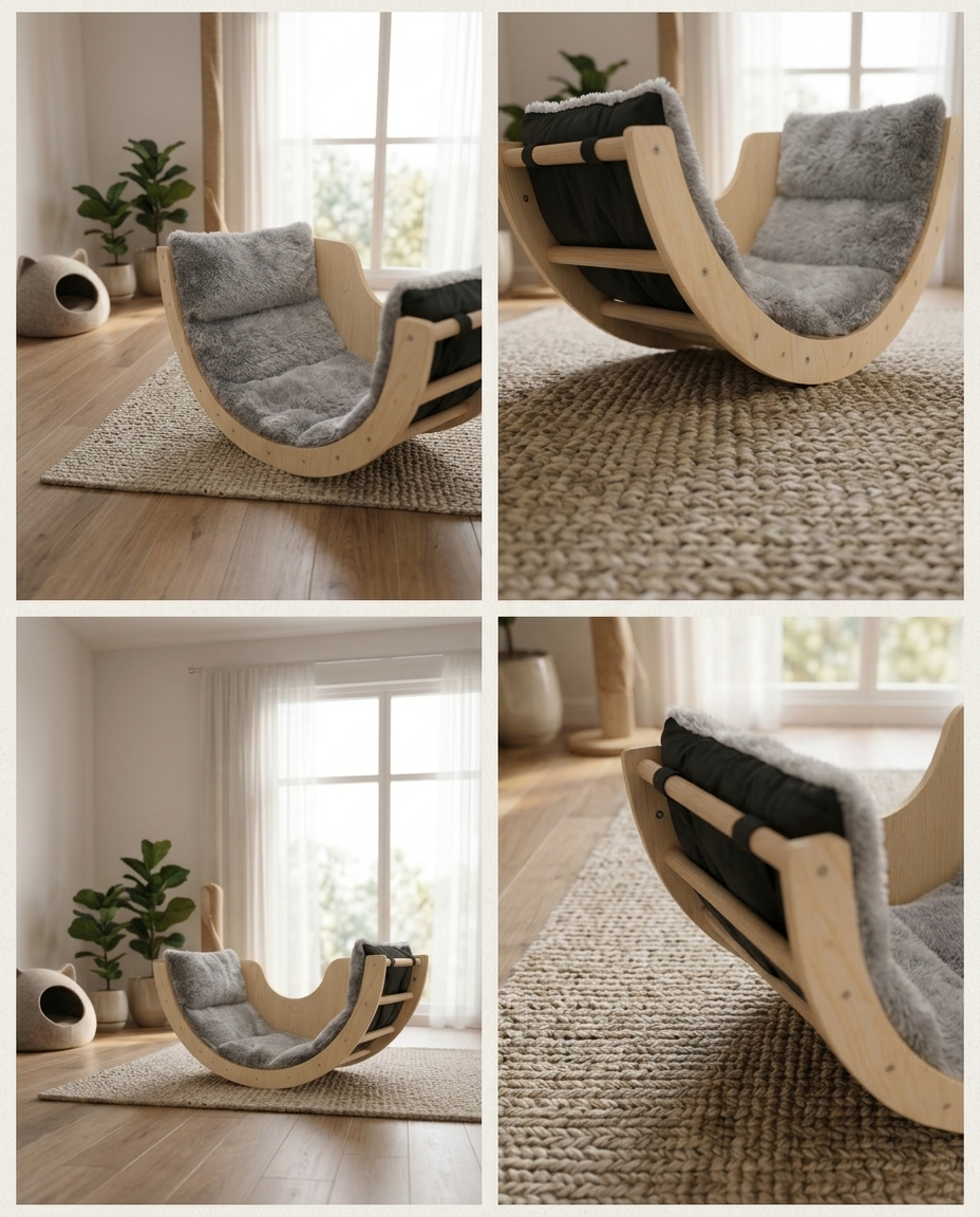 Sabur Wooden Cat Lounger – Half-Moon Cat Bed with Plush Cushion, Designer Cat Furniture for Homes