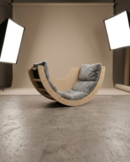 Sabur Wooden Cat Lounger – Half-Moon Cat Bed with Plush Cushion, Designer Cat Furniture for Homes