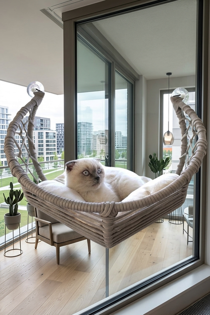 Basir – Hand-Woven Cat Window Perch in Grey
