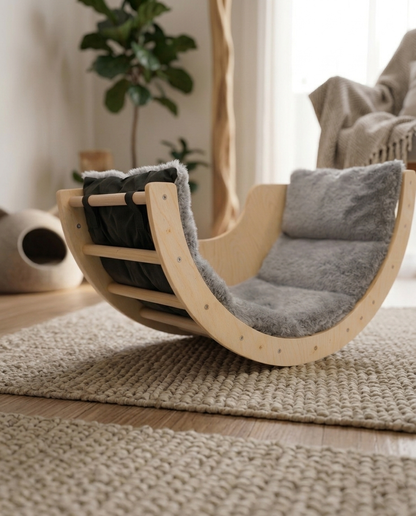 Sabur Wooden Cat Lounger – Half-Moon Cat Bed with Plush Cushion, Designer Cat Furniture for Homes