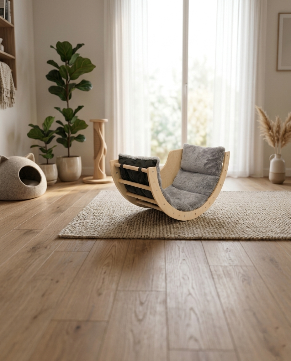 Sabur Wooden Cat Lounger – Half-Moon Cat Bed with Plush Cushion, Designer Cat Furniture for Homes
