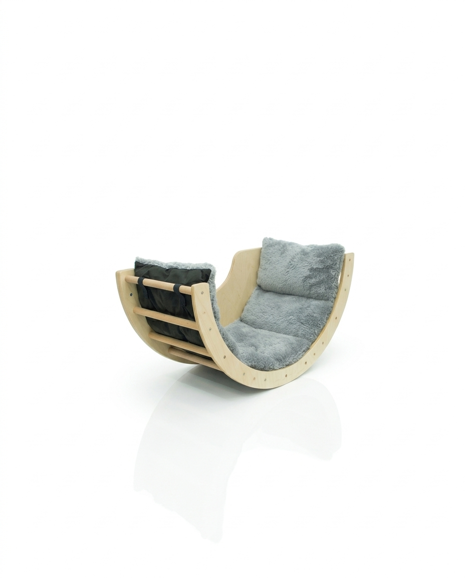 Sabur Wooden Cat Lounger – Half-Moon Cat Bed with Plush Cushion, Designer Cat Furniture for Homes