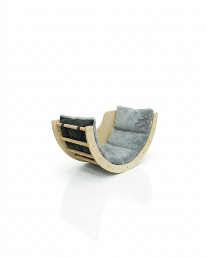 Sabur Wooden Cat Lounger – Half-Moon Cat Bed with Plush Cushion, Designer Cat Furniture for Homes