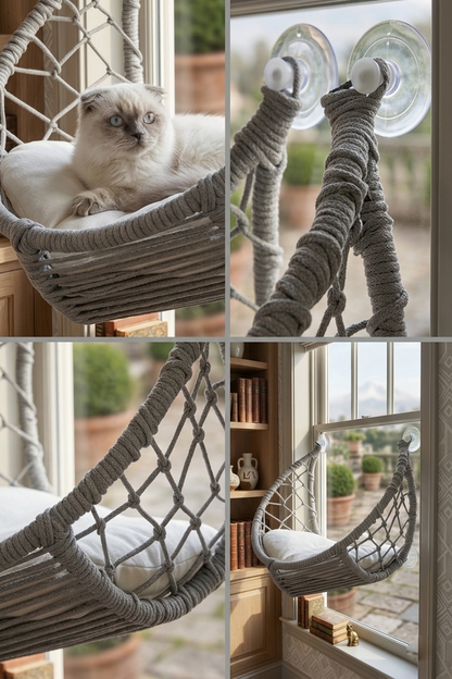 Basir – Hand-Woven Cat Window Perch in Grey