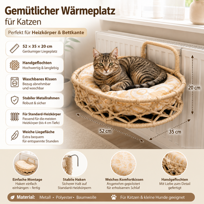 Celil Radiator Cat Bed - Hand-Woven Hanging Lounger for Cats/Small Dogs with Soft Cushion, 52×35×20 cm