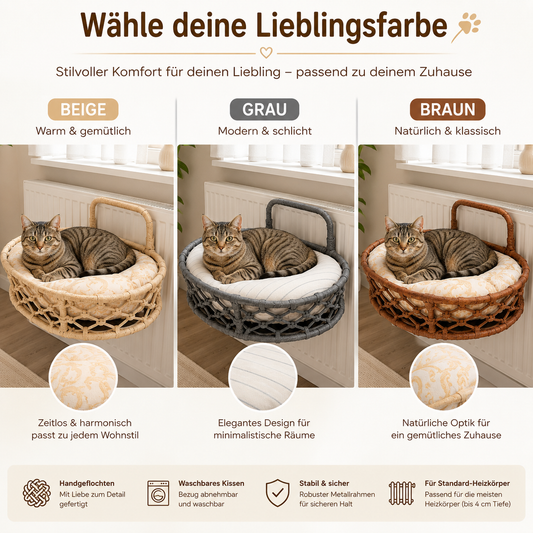 Celil Heizkörper-Katzenliege – handgeflochtene Hängeliege für Katzen/kl.Hunde mit weichem Kissen, 52×35×20 cm