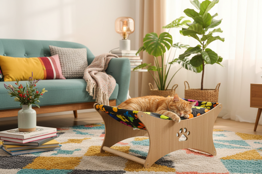 Bunte Katzenhängematte aus Holz – gemütliches Katzenbett mit Pfotenmuster | kompakte Haustierliege für Katzen & kleine Hunde