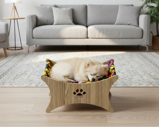Bunte Katzenhängematte aus Holz – gemütliches Katzenbett mit Pfotenmuster | kompakte Haustierliege für Katzen & kleine Hunde