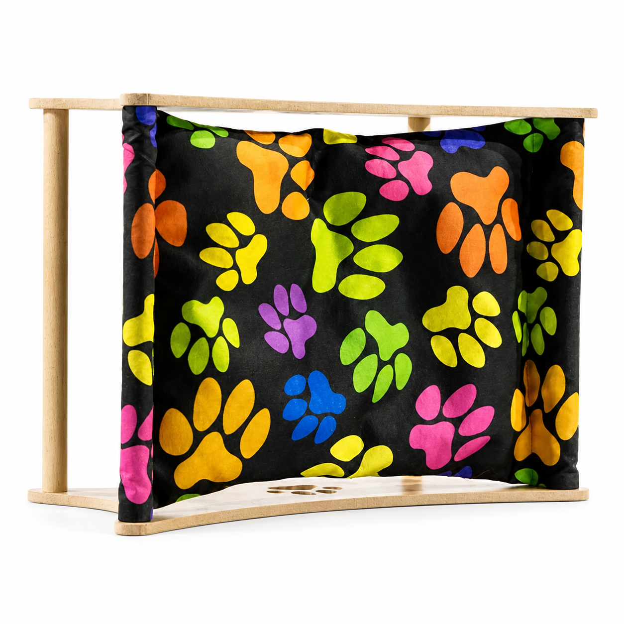 Colorful Wooden Cat Hammock – cozy cat bed with paw print | compact pet lounger for cats & small dogs