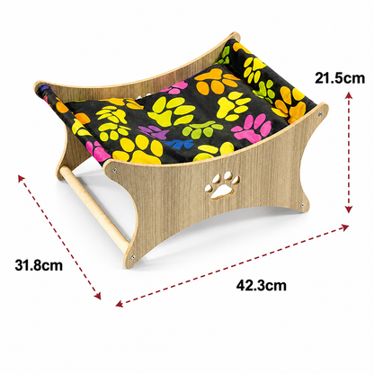 Colorful Wooden Cat Hammock – cozy cat bed with paw print | compact pet lounger for cats & small dogs