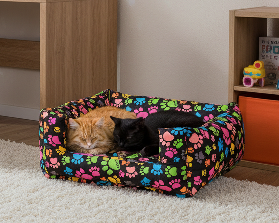 Colorful Dog Bed & Cat Bed with Paw Print Pattern – Soft Pet Bed for Small Dogs and Cats | 50 × 45 × 22 cm