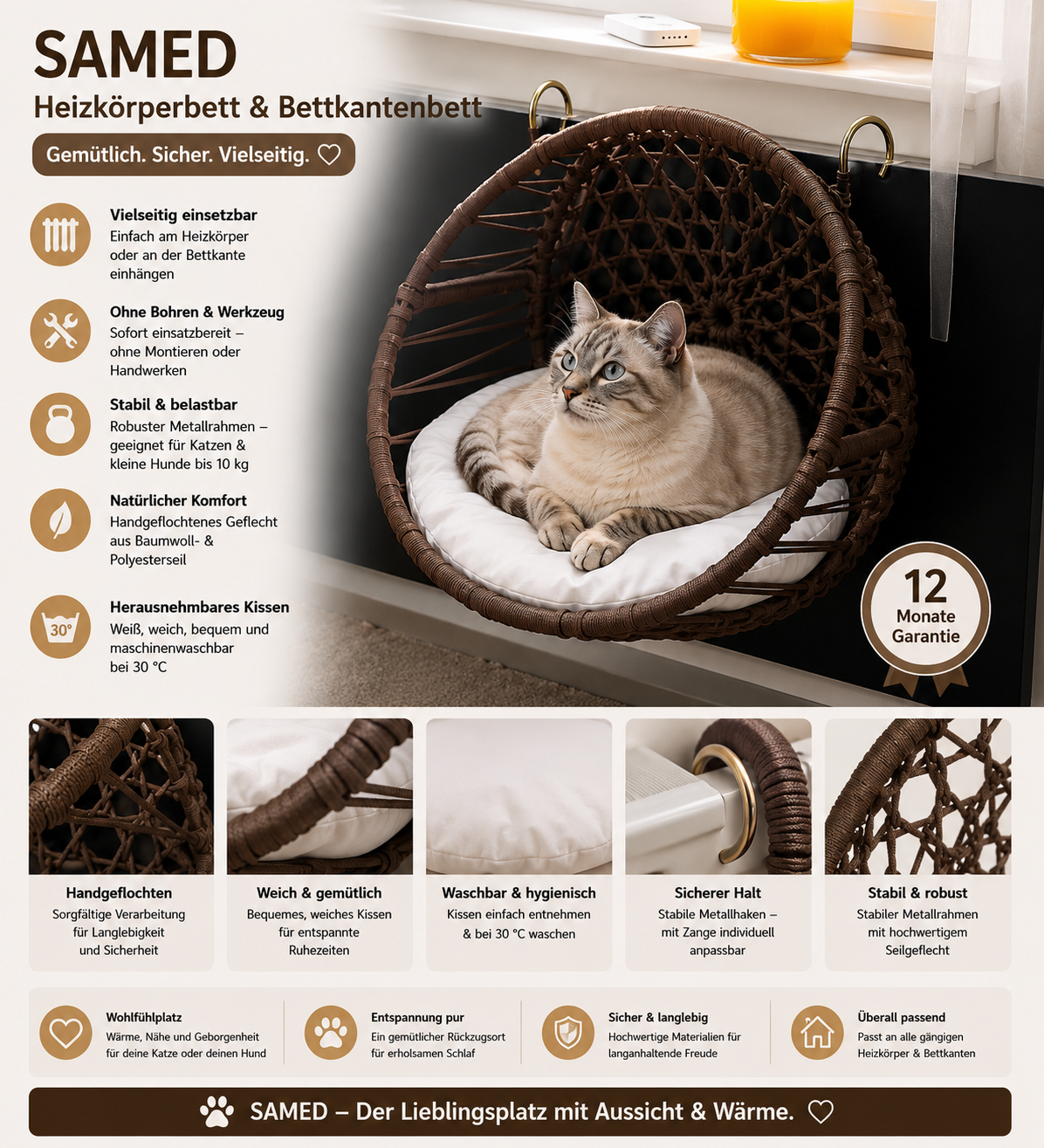 Celil Radiator Cat Bed - Hand-Woven Hanging Lounger for Cats/Small Dogs with Soft Cushion, 52×35×20 cm