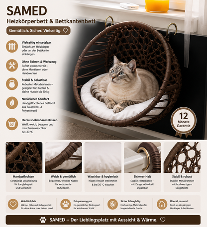 Celil Radiator Cat Bed - Hand-Woven Hanging Lounger for Cats/Small Dogs with Soft Cushion, 52×35×20 cm
