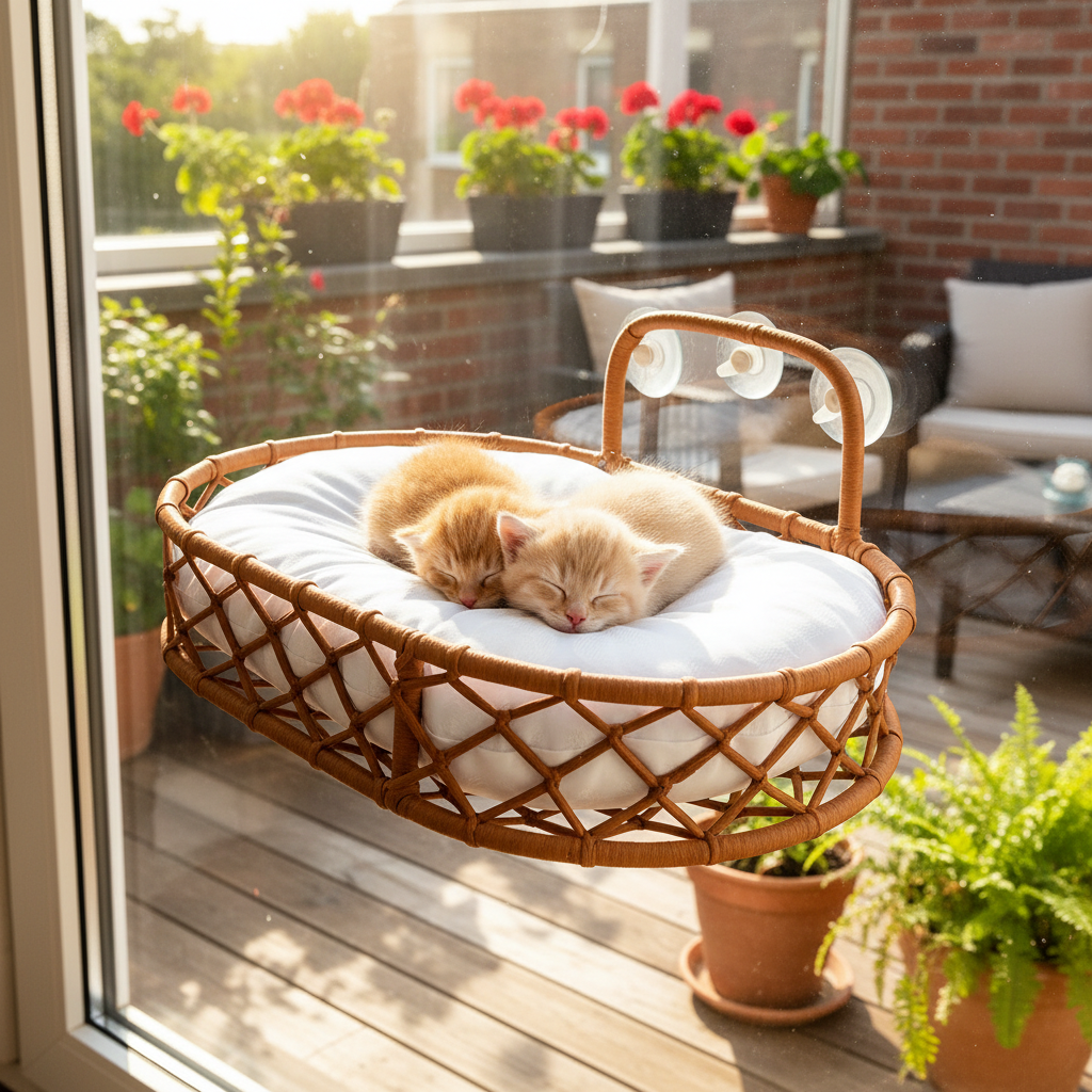 Semir Window Cat Perch with Suction Cups - Hand-Woven Cat Hammock for Windows with Soft Cushion | 52 × 35 × 20 cm