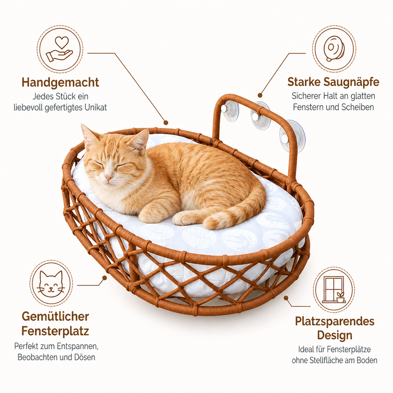 Semir Window Cat Perch with Suction Cups - Hand-Woven Cat Hammock for Windows with Soft Cushion | 52 × 35 × 20 cm