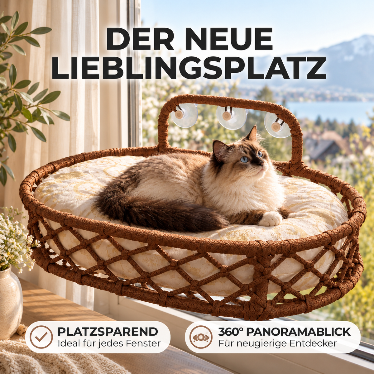 Semir – Geflochtene Katzen-Fensterliege im Boho-Look mit Saugnäpfen