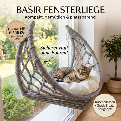 Fensterliege Basir – Der handgeflochtene Logenplatz für Katzen & kleine Hunde