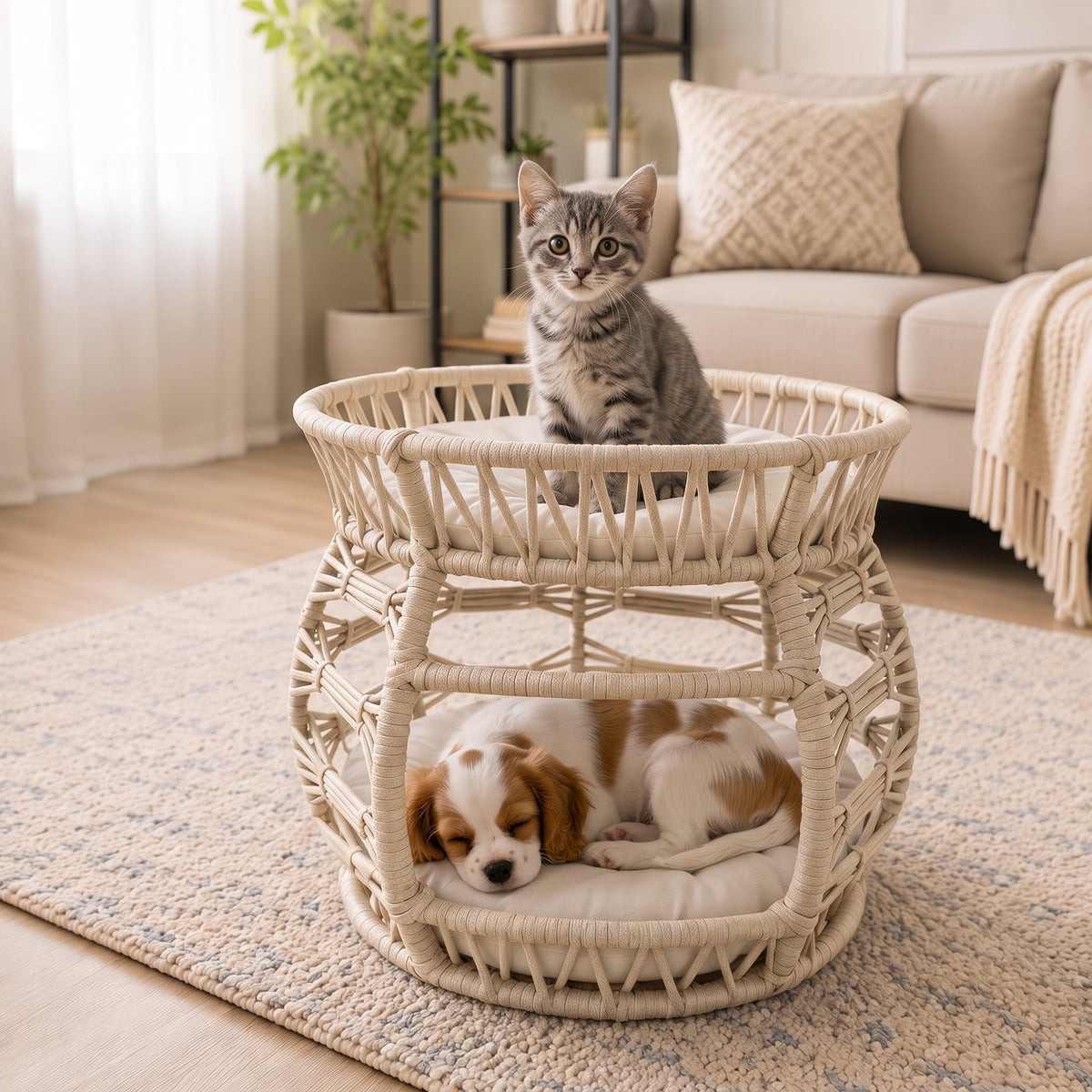 Melik – Handgeflochtenes 2-Ebenen-Haustierbett für Katzen & kleine Hunde