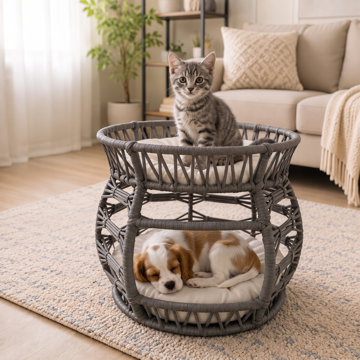 Melik – Handgeflochtenes 2-Ebenen-Haustierbett für Katzen & kleine Hunde