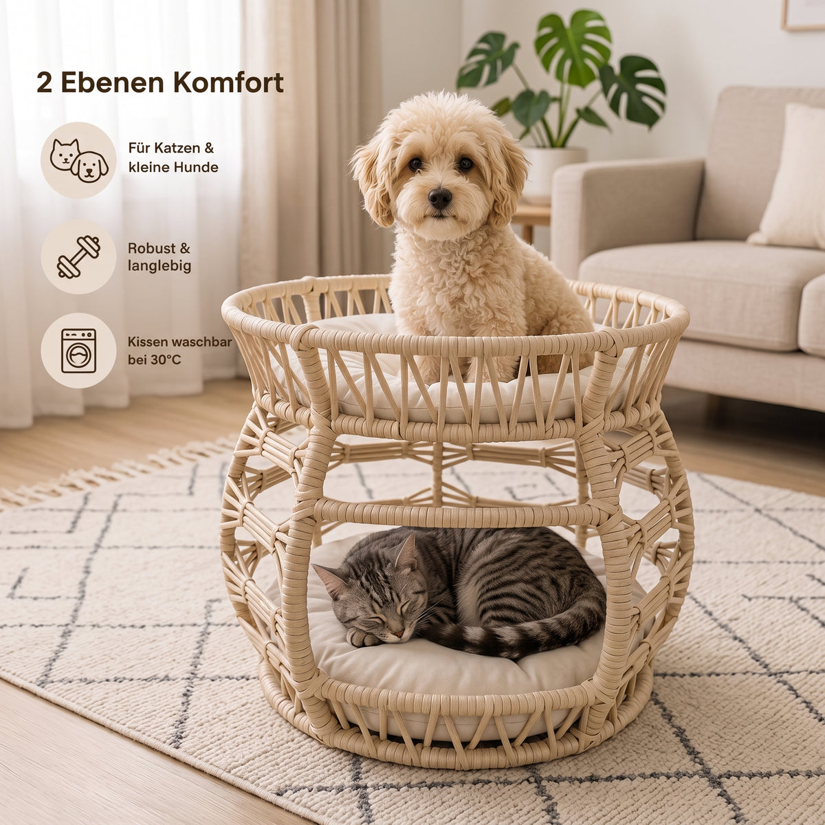 Melik – Handgeflochtenes 2-Ebenen-Haustierbett für Katzen & kleine Hunde