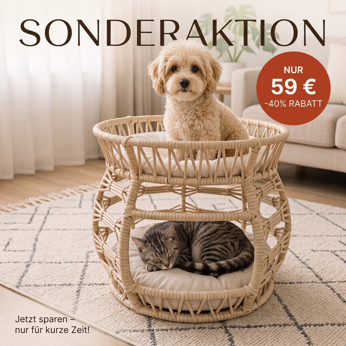 Melik – Handgeflochtenes 2-Ebenen-Haustierbett für Katzen & kleine Hunde