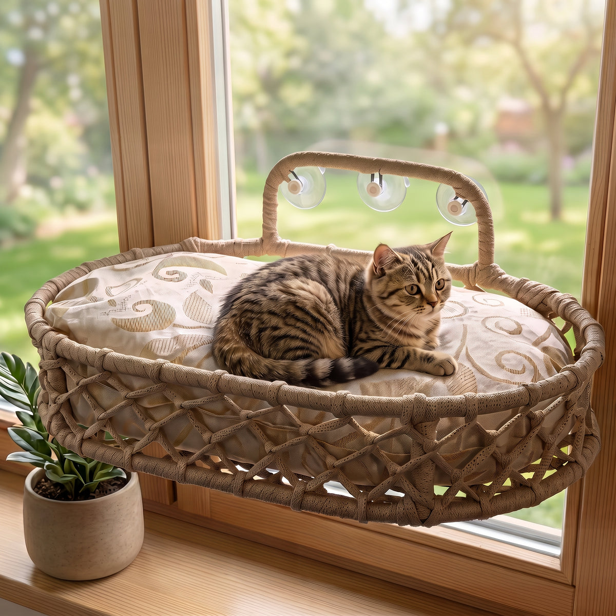 Semir – Geflochtene Katzen-Fensterliege im Boho-Look mit Saugnäpfen