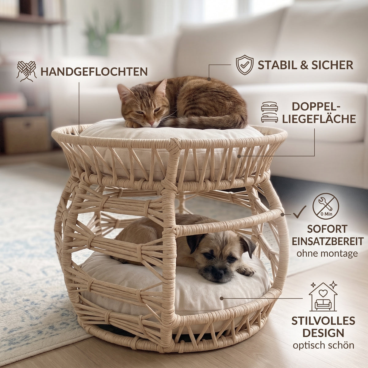 Melik – Handgeflochtenes 2-Ebenen-Haustierbett für Katzen & kleine Hunde