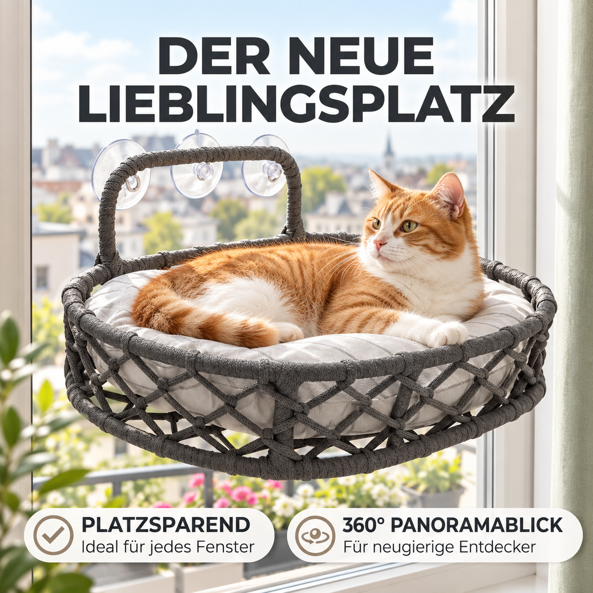 Semir – Geflochtene Katzen-Fensterliege im Boho-Look mit Saugnäpfen