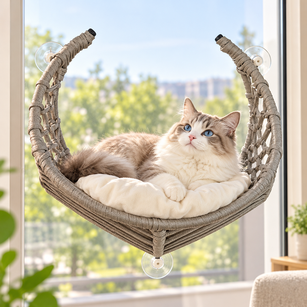 Fensterliege Basir – Der handgeflochtene Logenplatz für Katzen & kleine Hunde