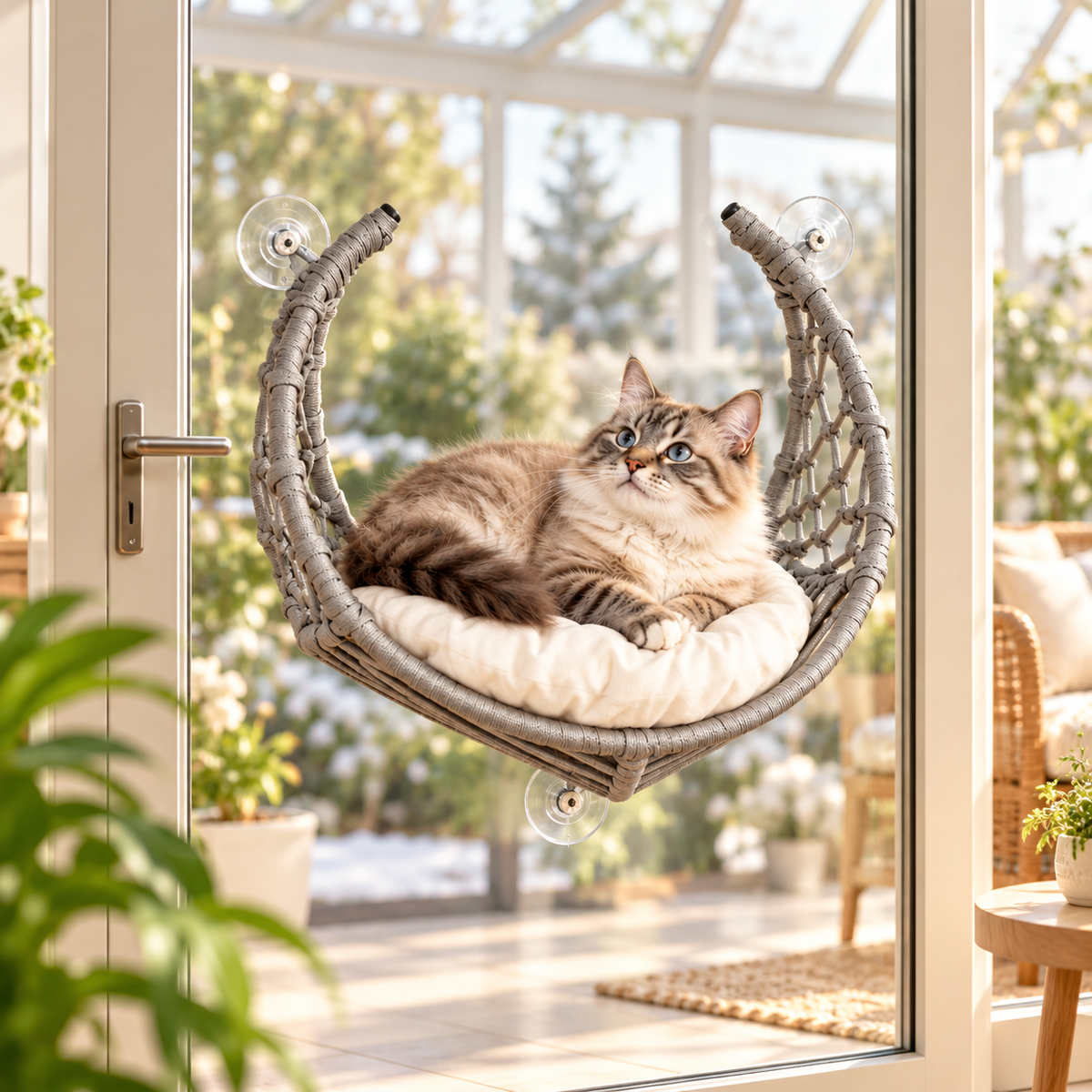 Fensterliege Basir – Der handgeflochtene Logenplatz für Katzen & kleine Hunde