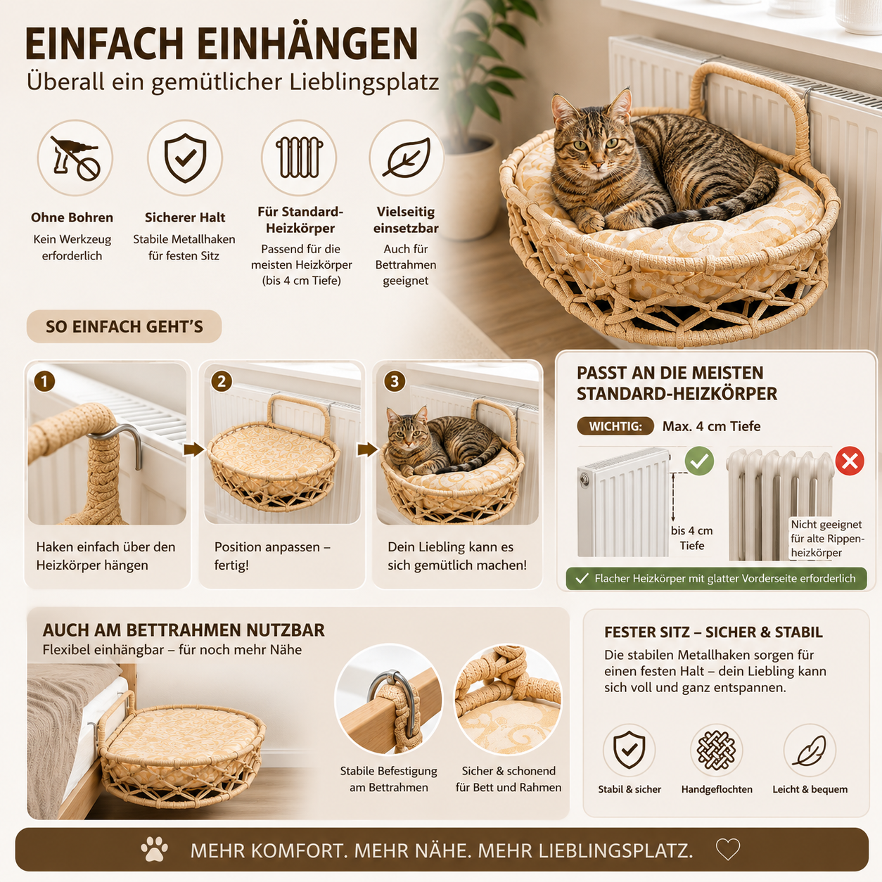Celil Radiator Cat Bed - Hand-Woven Hanging Lounger for Cats/Small Dogs with Soft Cushion, 52×35×20 cm