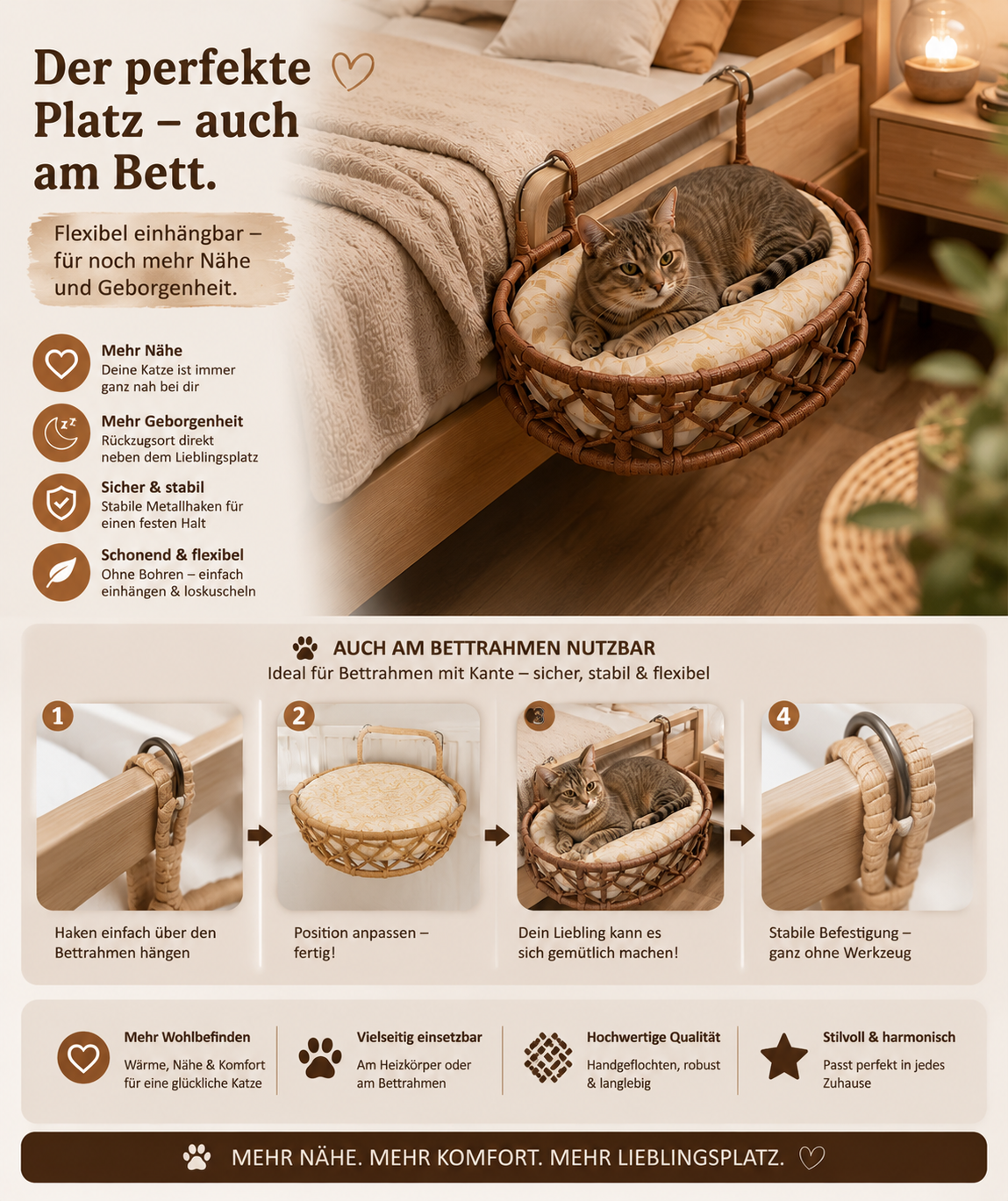 Celil Radiator Cat Bed - Hand-Woven Hanging Lounger for Cats/Small Dogs with Soft Cushion, 52×35×20 cm